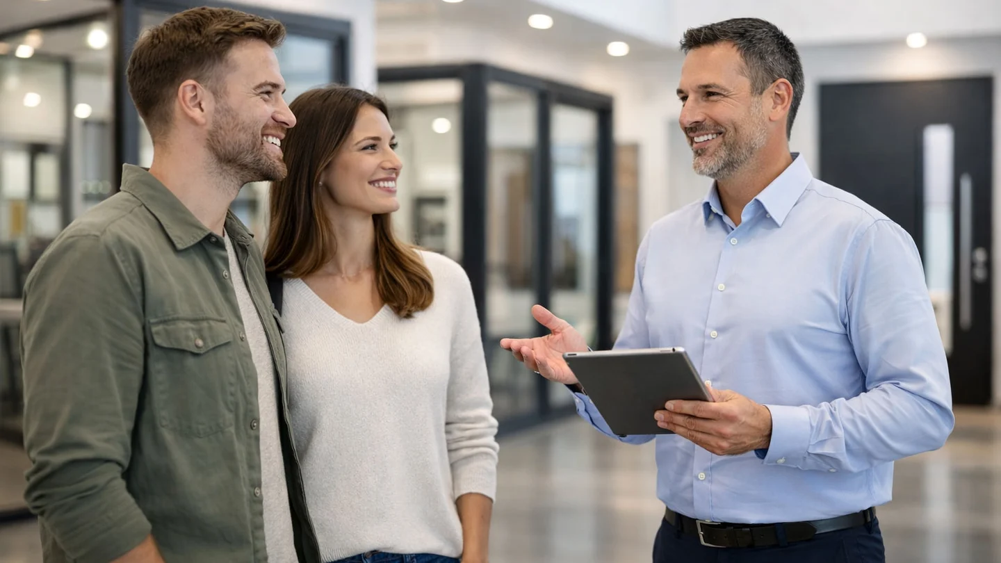 Showroomda tabletle danışmanlık alan bir çift ve Global Fenster uzmanı