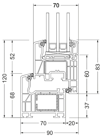 technische zeichnung von deutschland ct70 serie pvc fensterprofil